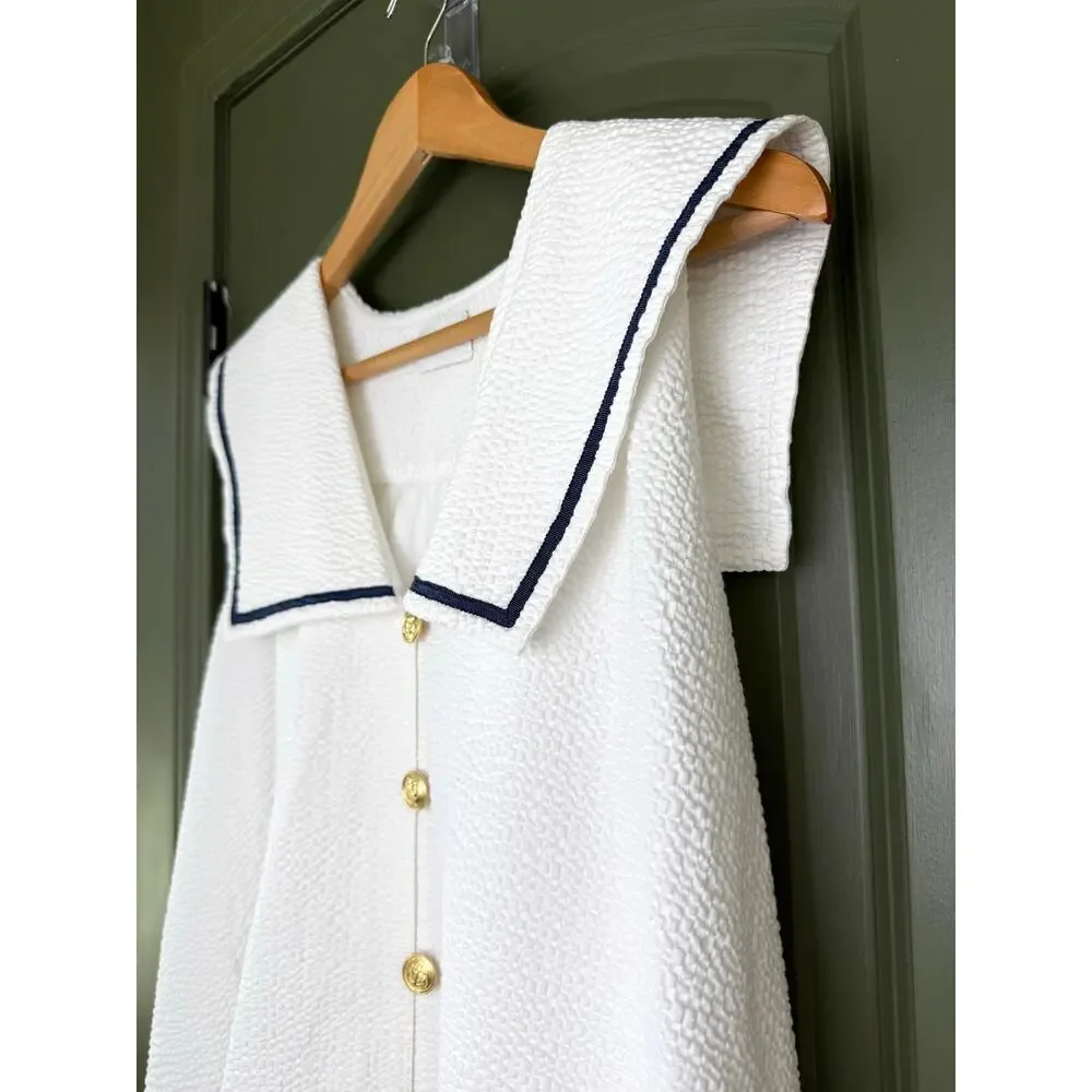 NWT Saylor Breton Seersucker Sailor Mini Dress Nautical Resort White Navy Small - Picture 2 of 5